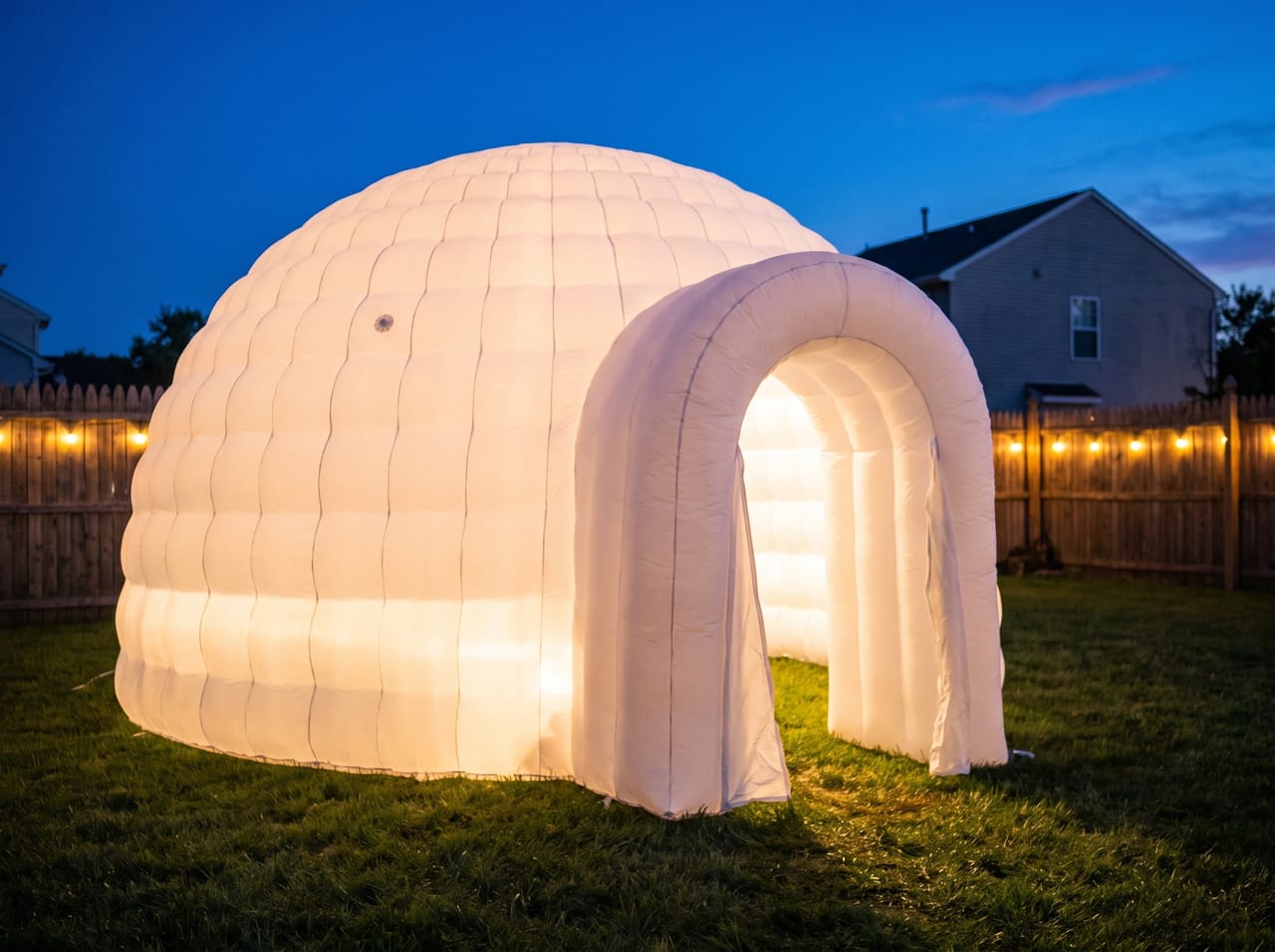 The Polar Igloo glowing with LED lights at dusk
